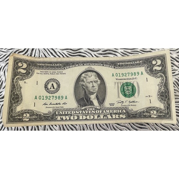 2009 series A 2 dollar bill rare serial number A01927989 A - Picture 1 of 8